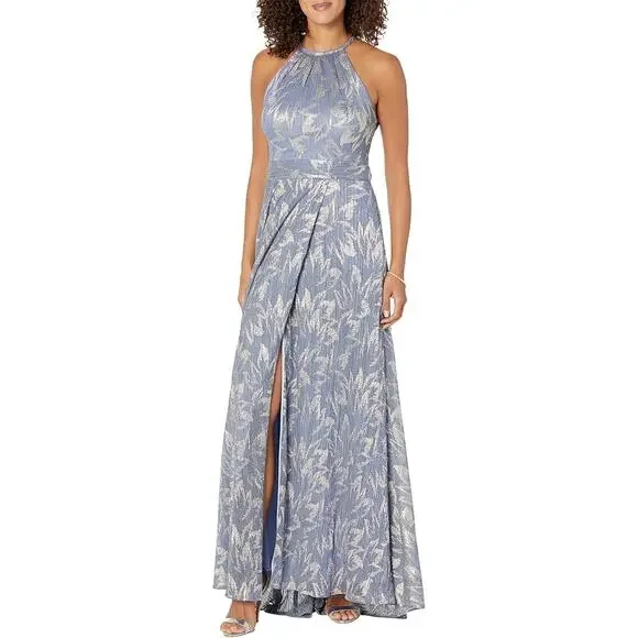 Betsy & Adam | Dresses | Betsy Adam Long Foil Print Halter Maxi Dress  Sleeveless Steelgold Size 2 Nwt | Poshmark